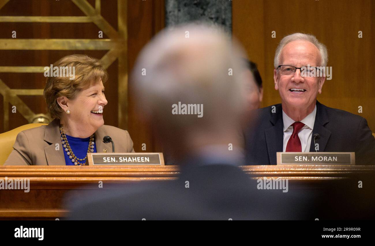 Senate Budget Hearing. Sen. Jeanne Shaheen, D-N.H., Chair Senate Appropriations’ Commerce, Justice, Science, and Related Agencies subcommittee and Sen. Jerry Moran, R-KS., question NASA Administrator Bill Nelson during a budget hearing, Tuesday, April 18, 2023, at the Dirksen Senate Office Building in Washington. Stock Photo