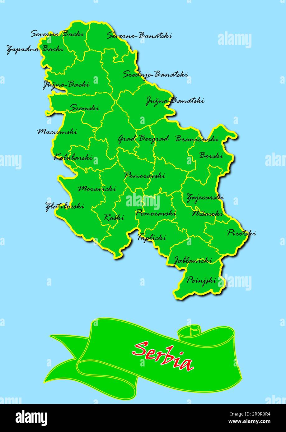 Map of Serbia with Subregions in Green Country Name in Red Stock Photo