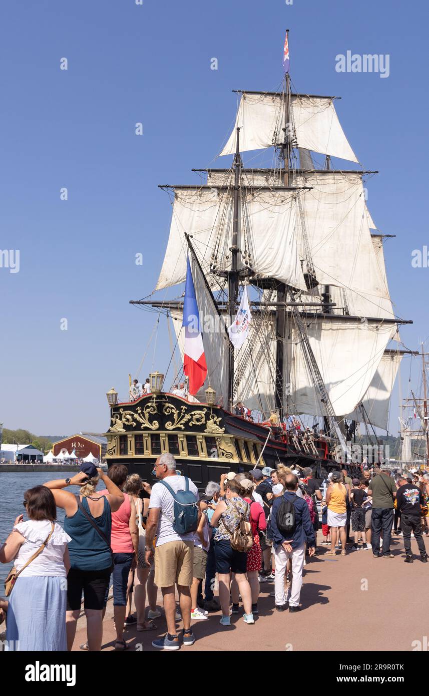 Armada Rouen 2023; Crowds and vintage ships at the 4-yearly tall ships festival on the River Seine, Rouen harbour, Rouen Normandy France Europe Stock Photo
