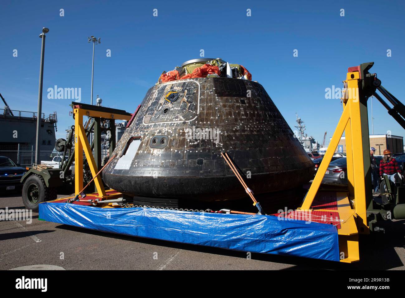 Orion Offload From USS Portland. Team members with NASA’s Exploration Ground Systems program successfully removed the Artemis I Orion spacecraft from the USS Portland Dec. 14, after the ship arrived at U.S. Naval Base San Diego. Stock Photo