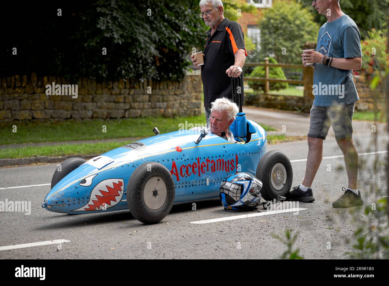 Soapbox Derby with senior competitor preparing to race, England UK Stock Photo