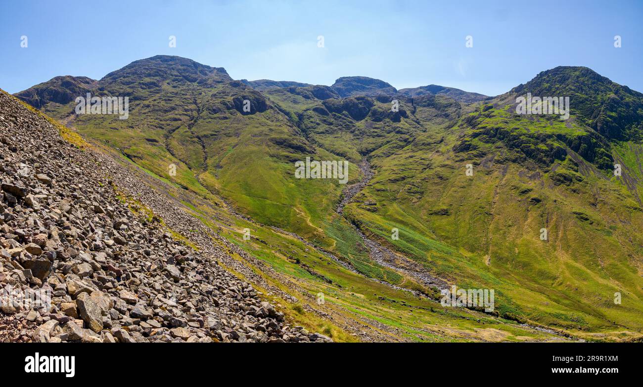 View from the screes of Toad How towards Lingmell and Great End with Sca fell and Scafell Pike beyond in the English Lake District Cumbria UK Stock Photo