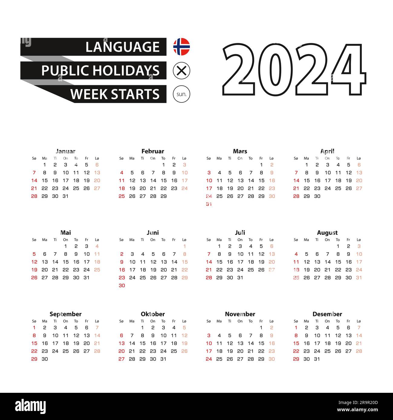 Calendar 2024 in Norwegian language, week starts on Monday. Vector calendar  2024 year Stock Vector Image & Art - Alamy