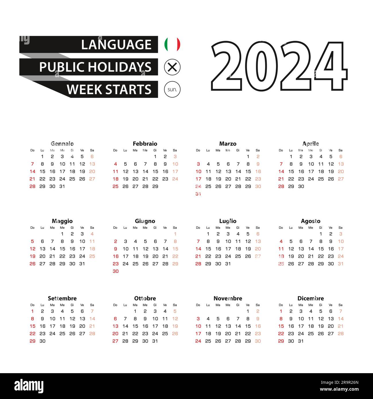 2024 calendar in Italian language, week starts from Sunday. Vector
