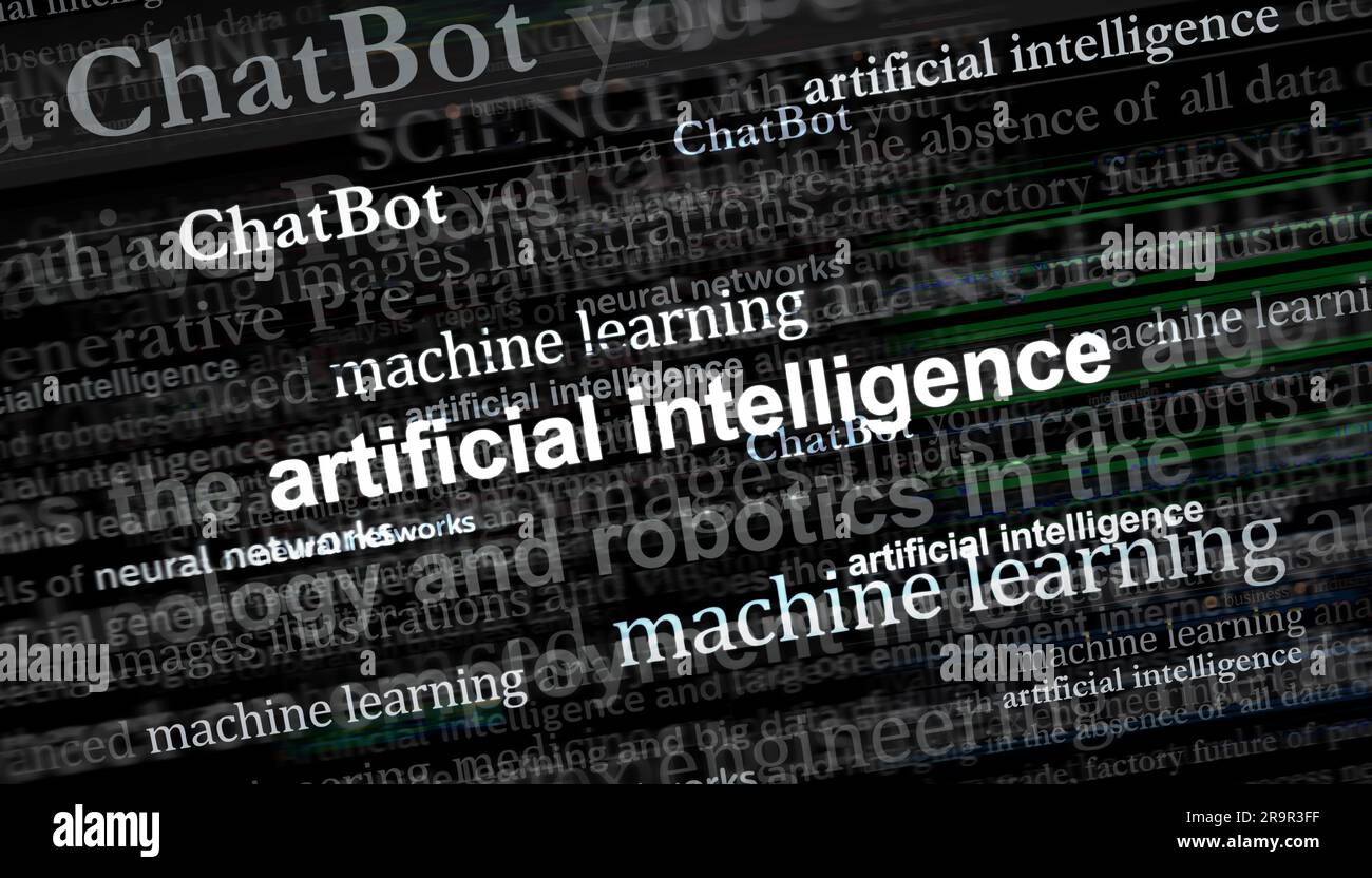 Artificial intelligence chatbot machine learning and neural networks. Headline news titles international media abstract concept  3d illustration. Stock Photo