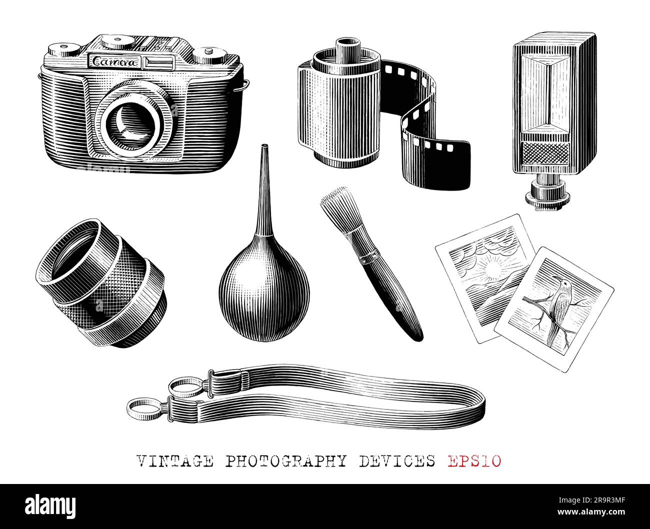 Vintage photography devices collection hand draw vintage engraving