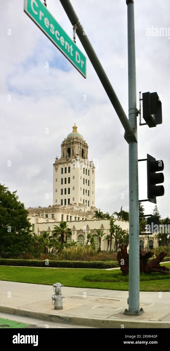 Crescent Drive street sign and Beverly Hills City Hall Los Angeles