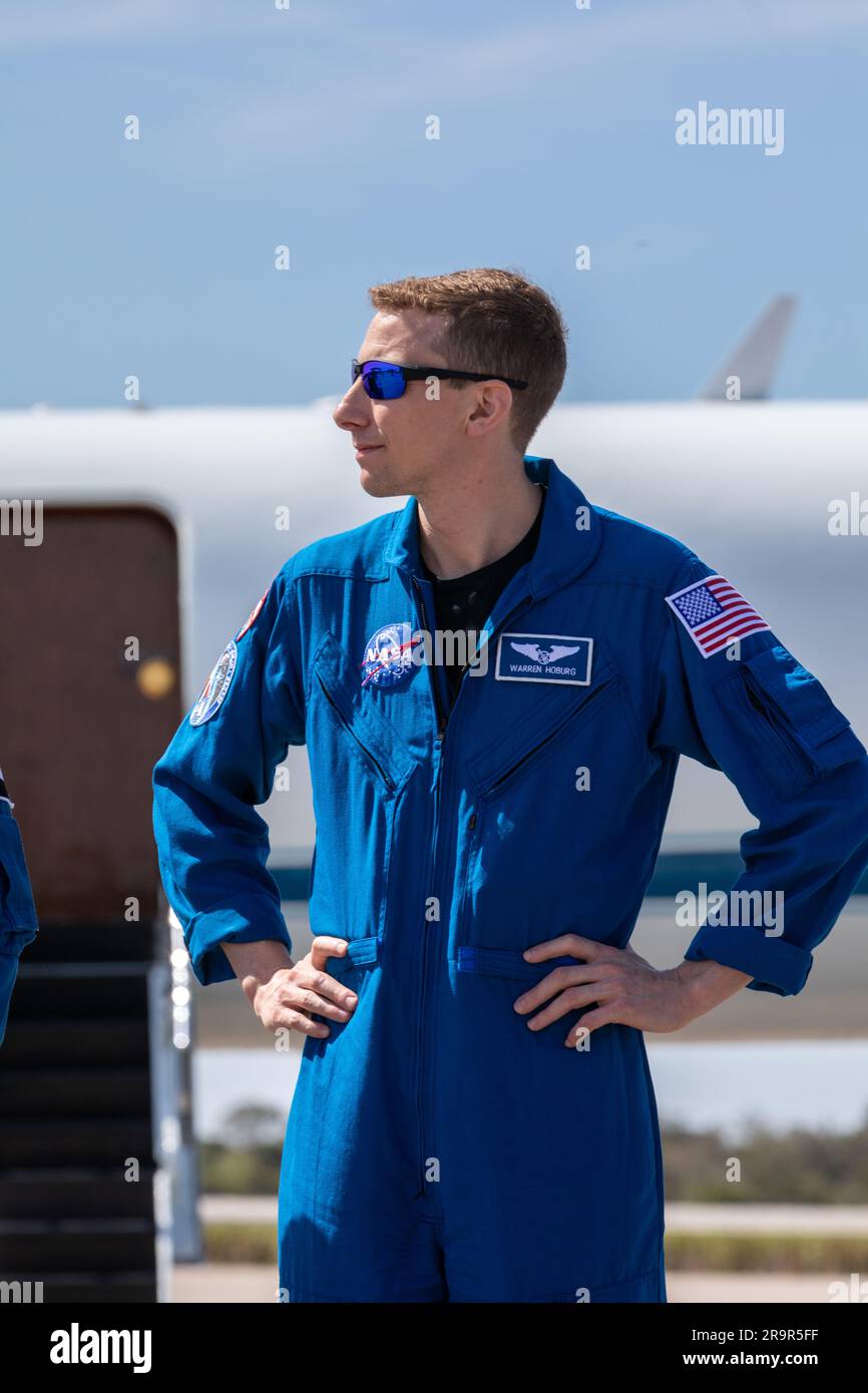 NASA/SpaceX Crew-6 Astronauts Arrival. NASA astronaut Warren “Woody” Hoburg speaks to members of the news media during crew arrival for NASA’s SpaceX Crew-6 mission at Kennedy Space Center’s Launch and Landing Facility in Florida on Feb. 21, 2023. Hoburg, along with NASA astronaut Stephen Bowen, UAE (United Arab Emirates) astronaut Sultan Alneyadi, and Roscosmos cosmonaut Andrey Fedyaev will launch to the International Space Station aboard the Crew Dragon on a SpaceX Falcon 9. Launch is targeted for no earlier than Feb. 26 at 2:07 a.m. EST from Launch Complex 39A. Crew-6 is the sixth crew rota Stock Photo