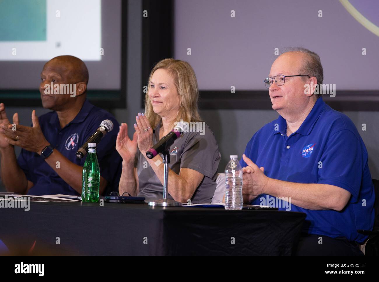 KSC Town Hall. From left, NASA’s Kennedy Space Center Deputy Director Kelvin Manning, Director Janet Petro, and Associate Director, Management Burt Summerfield participate in an employee Town Hall at the Florida spaceport on March 13, 2023. The senior leaders discussed key accomplishments and goals of the center, as well as answered questions from the Kennedy workforce. Stock Photo