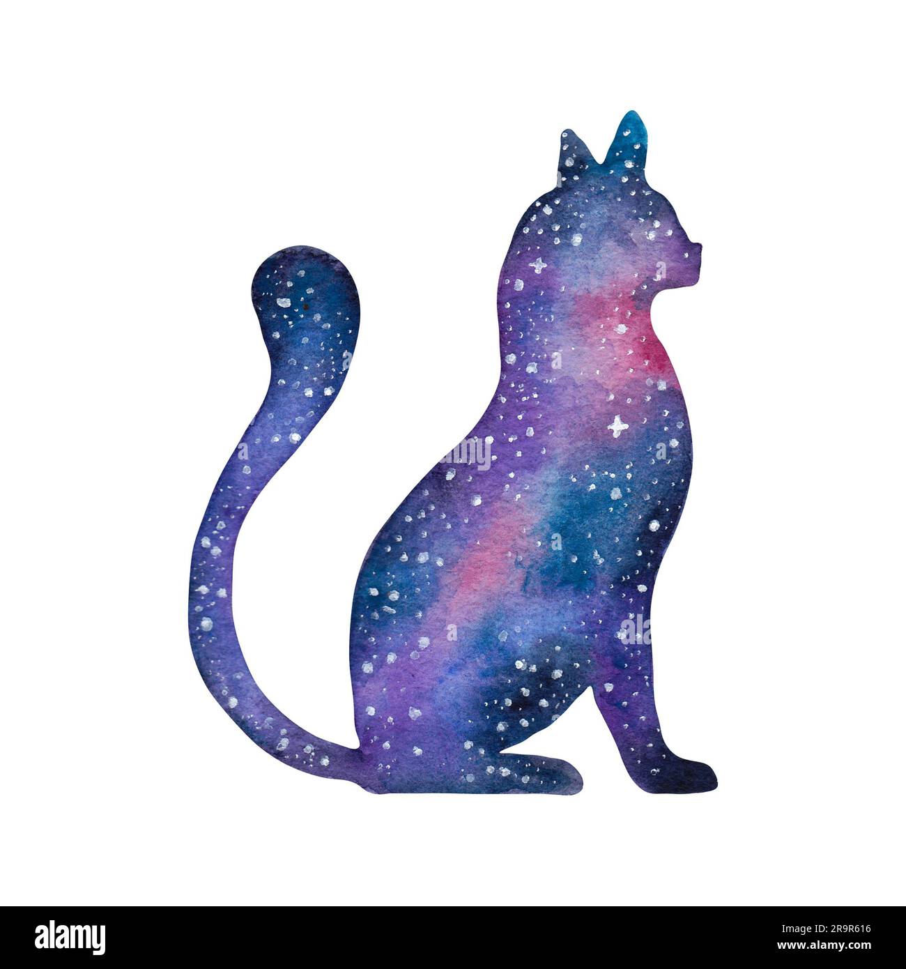 Galaxy cat, fantasy, space, shape. Perfect for kids room decoration, baby clothes.Watercolor illustration. Stock Photo