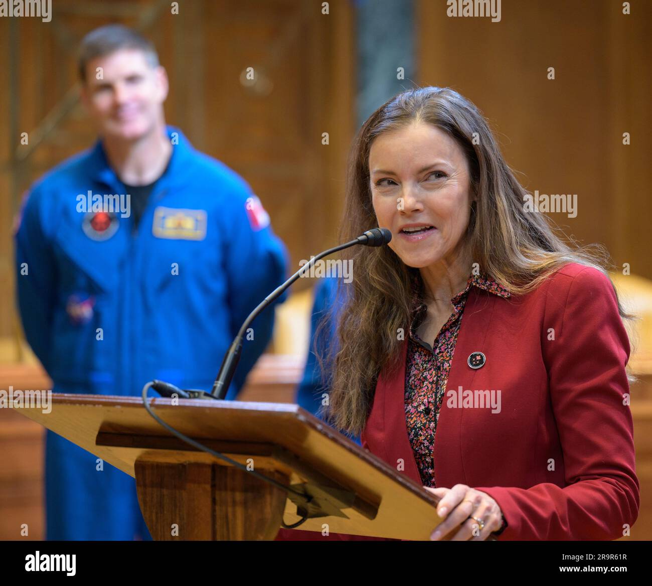 Artemis II Crew Senate Meet and Greet. CSA (Canadian Space Agency) President Lisa Campbell gives remarks as CSA (Canadian Space Agency) astronaut Jeremy Hansen looks on, during a meet and greet, Wednesday, May 17, 2023, at the Dirksen Senate Office Building in Washington. Hansen along with NASA astronauts Reid Wiseman, Victor Glover, and Christina Hammock Koch, who will fly around the Moon on NASA’s Artemis II flight test, visited Washington to discuss their upcoming mission with members of Congress and others. Stock Photo
