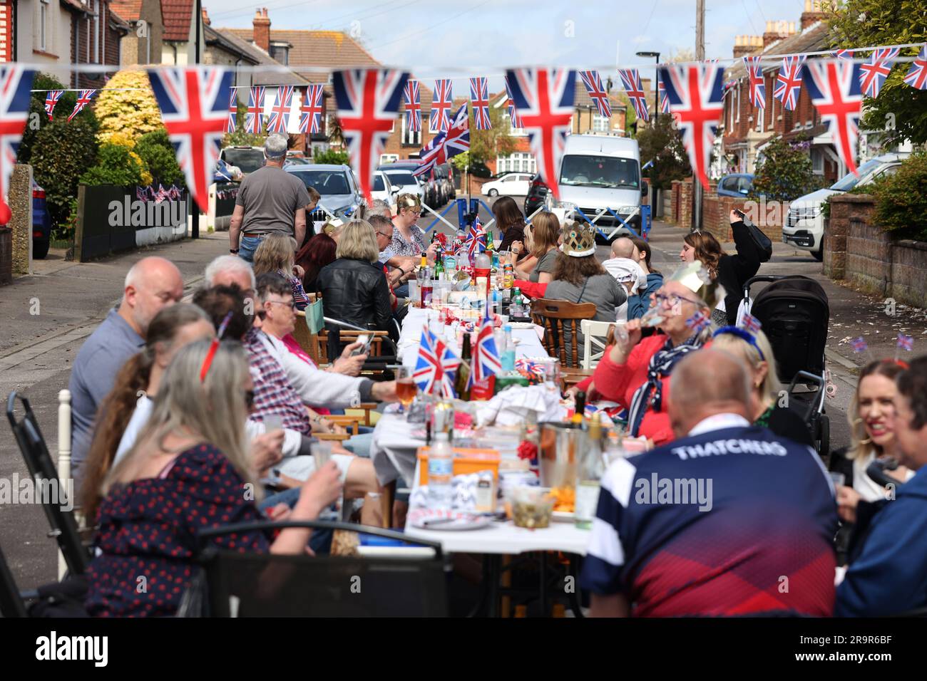 General views of a street party celebrating the Coronation of King Charles III in Portsmouth, Hampshire, UK. Stock Photo