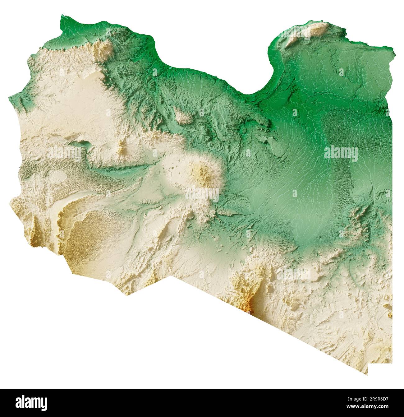 Libya. Highly detailed 3D rendering of shaded relief map with rivers and lakes. Colored by elevation. Pure white background. Satellite data. Stock Photo