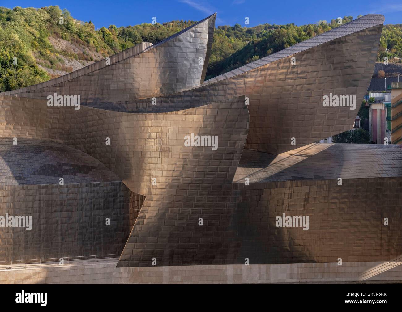 Spain, Basque Country, Bilbao, Rear of the Guggenheim Museum seen from Puente de la Salve. Stock Photo