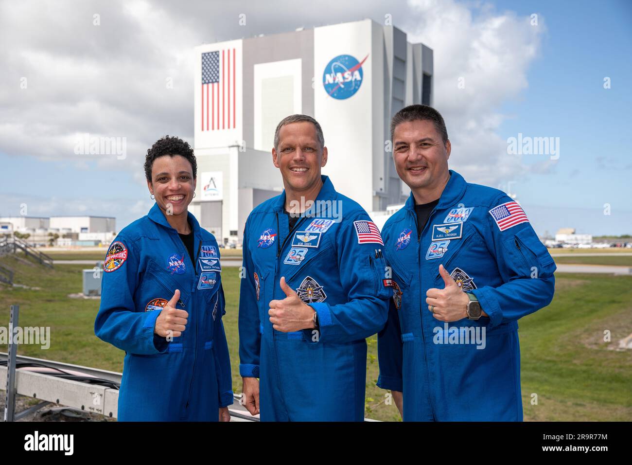 Crew-4 Astronauts Visit KSC. From left, NASA astronauts Jessica Watkins, Bob Hines, and Kjell Lindgren pose for a photo at the Press Site at NASA’s Kennedy Space Center during a visit to the Florida spaceport on March 22, 2023. The astronauts visited Kennedy to thank employees for supporting NASA’s SpaceX Crew-4 launch. Watkins, Hines, and Lindgren, along with ESA (European Space Agency) astronaut Samantha Cristoforetti, launched to the International Space Station aboard a SpaceX Crew Dragon spacecraft on April 27, 2022, from Kennedy’s Launch Complex 39A. The crew remained at the orbiting labo Stock Photo