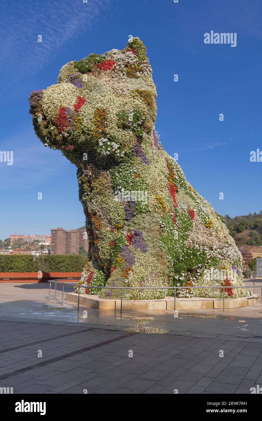 Spain, Basque Country, Bilbao, Guggenheim Museum area, Puppy which is a 12.4 metre tall flower covered sculpture of a west highland terrier by America Stock Photo