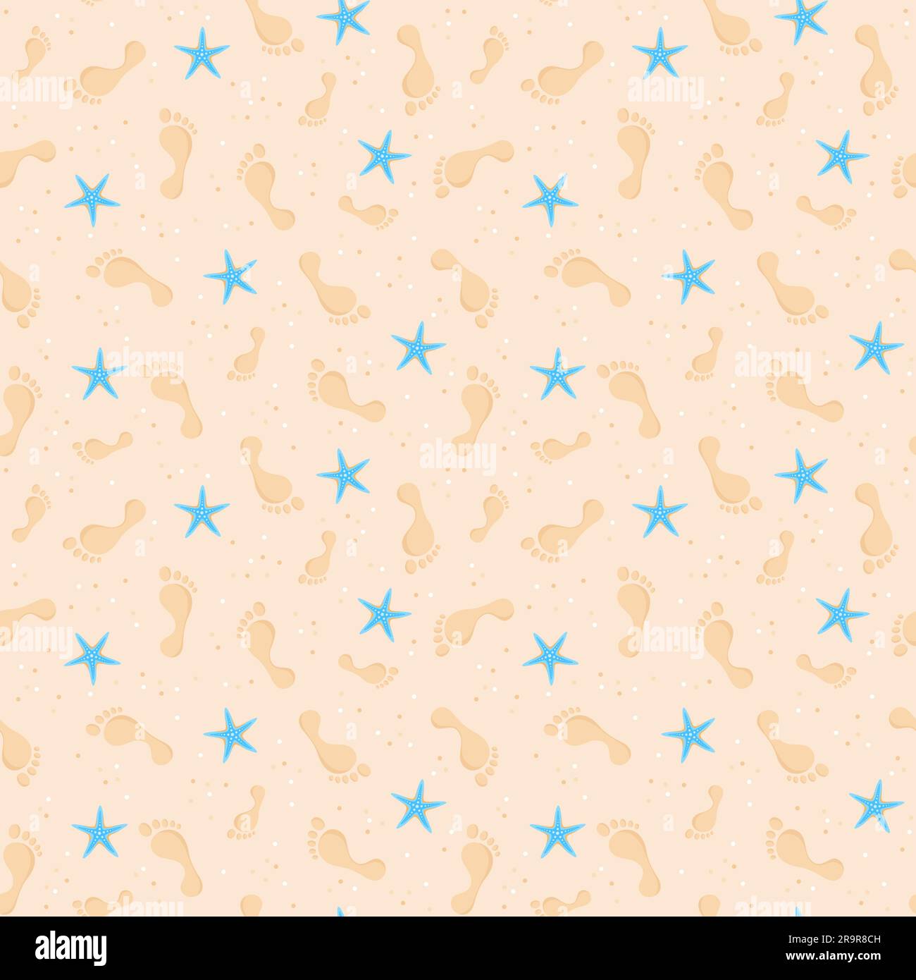 Seamless pattern of human footprints and starfish on the beach sand. Vector illustration in flat style Stock Vector