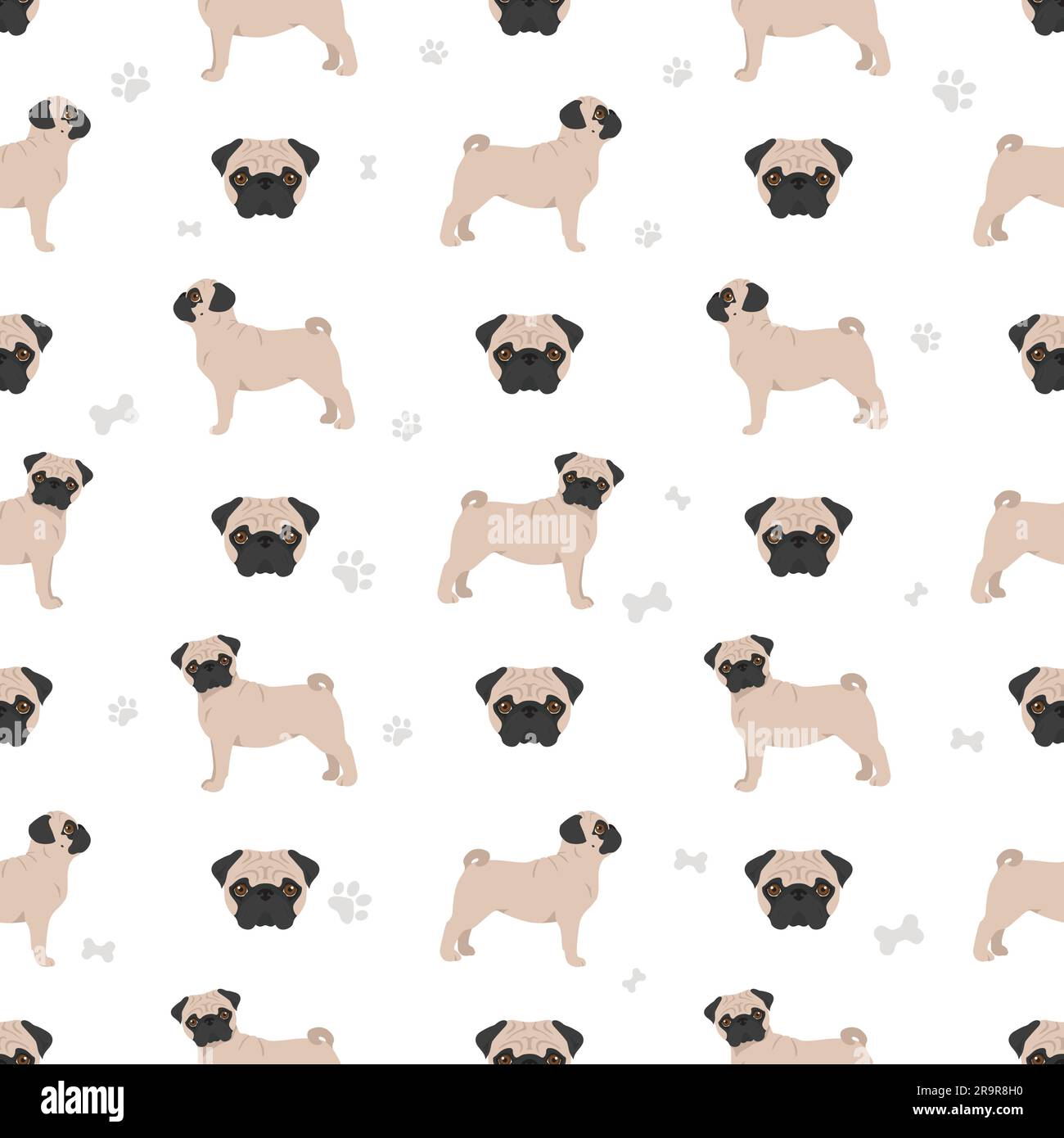 Pug seamless pattern. Different poses, coat colors set.  Vector illustration Stock Vector