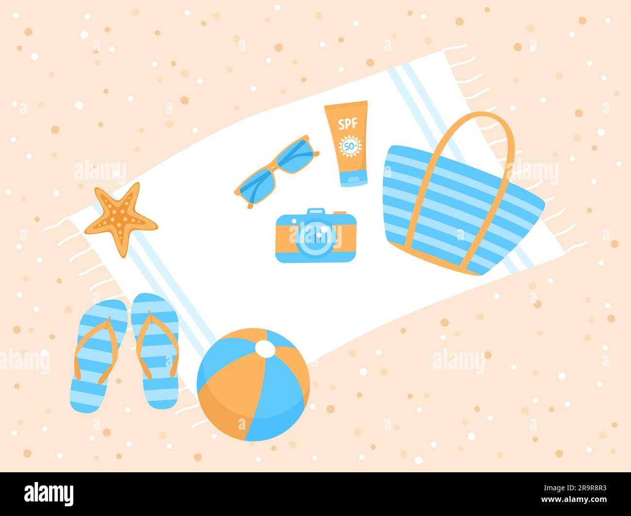 Beach items - towel, bag, flip flops, sunscreen, camera, sunglasses, ball and starfish on sand background, top view. Flat vector illustration Stock Vector