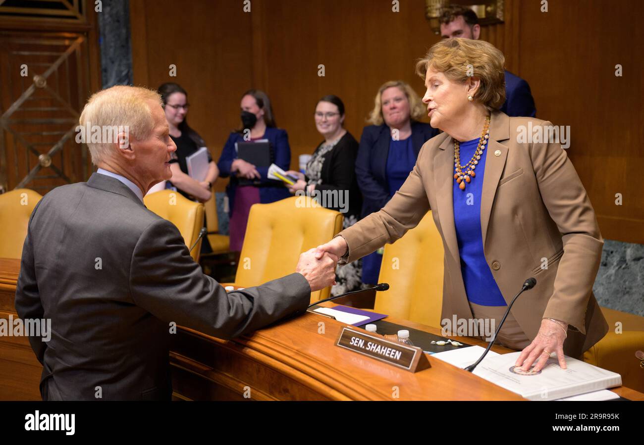 Senate Budget Hearing. NASA Administrator Bill Nelson shakes hands with Sen. Jeanne Shaheen, D-N.H., Chair Senate Appropriations’ Commerce, Justice, Science, and Related Agencies subcommittee at the conclusion of a Senate Appropriations’ Commerce, Justice, Science, and Related Agencies subcommittee budget hearing, Tuesday, April 18, 2023, at the Dirksen Senate Office Building in Washington. Stock Photo