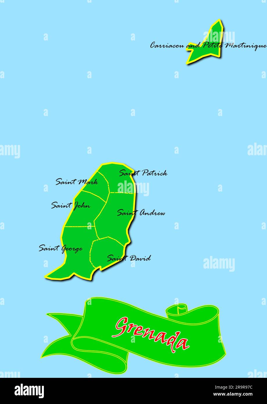 Map of Grenada with Subregions in Green Country Name in Red Stock Photo