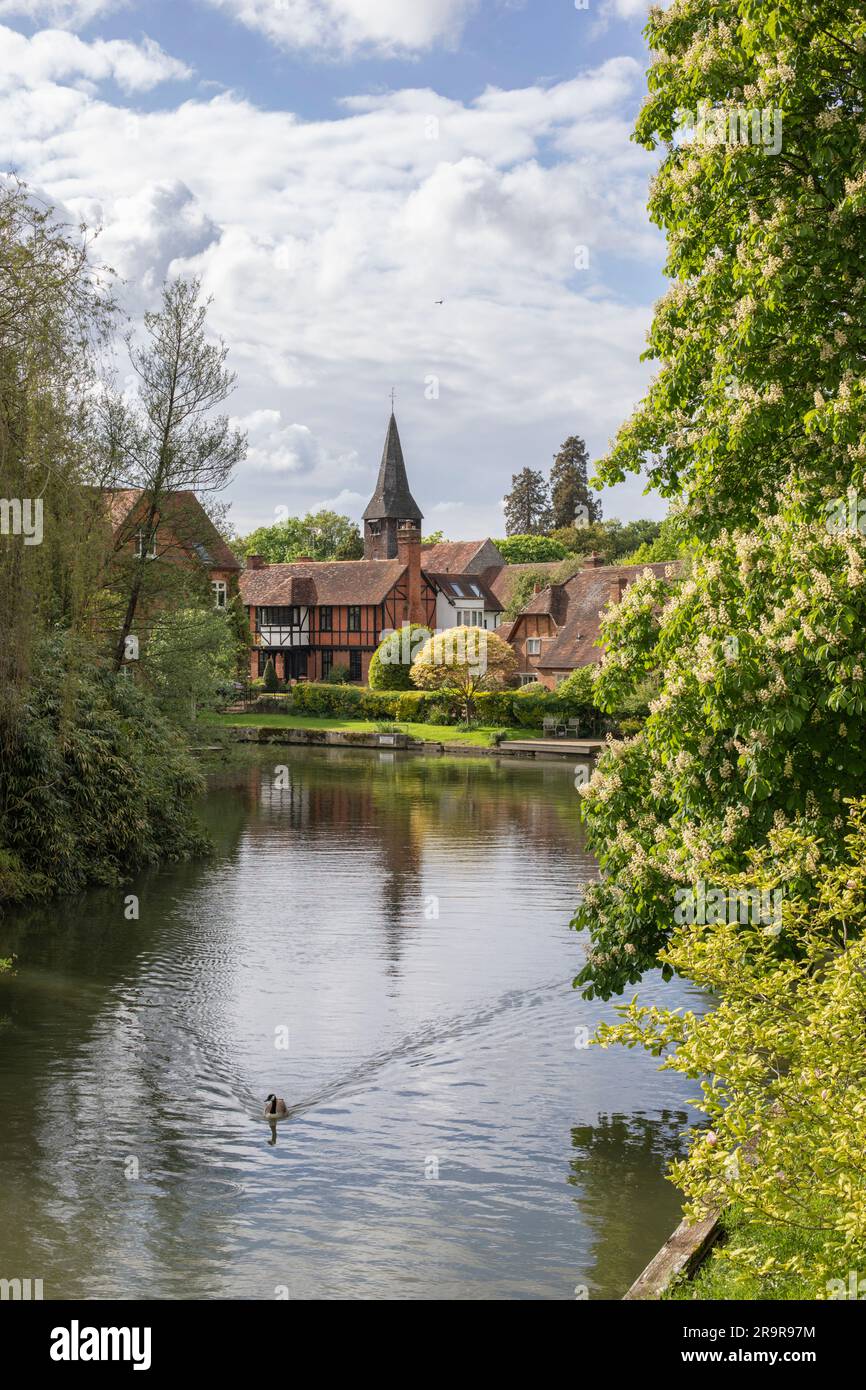 View of church and village on the River Thames, Pangbourne, Berkshire, England, United Kingdom, Europe Stock Photo