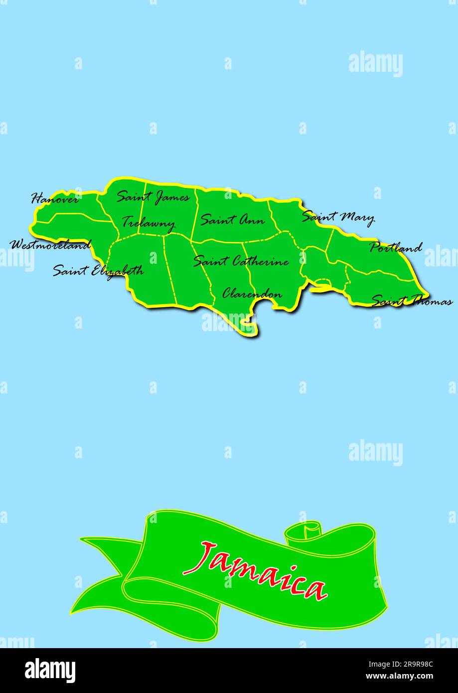 Map of Jamaica with Subregions in Green Country Name in Red Stock Photo
