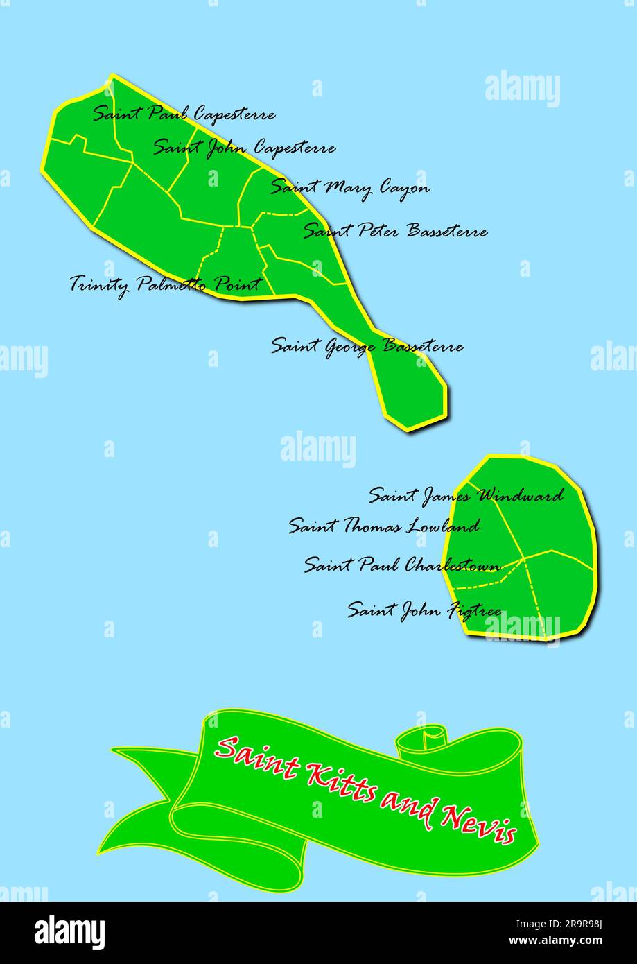 Map of Saint Kitts and Nevis with Subregions in Green Country Name in