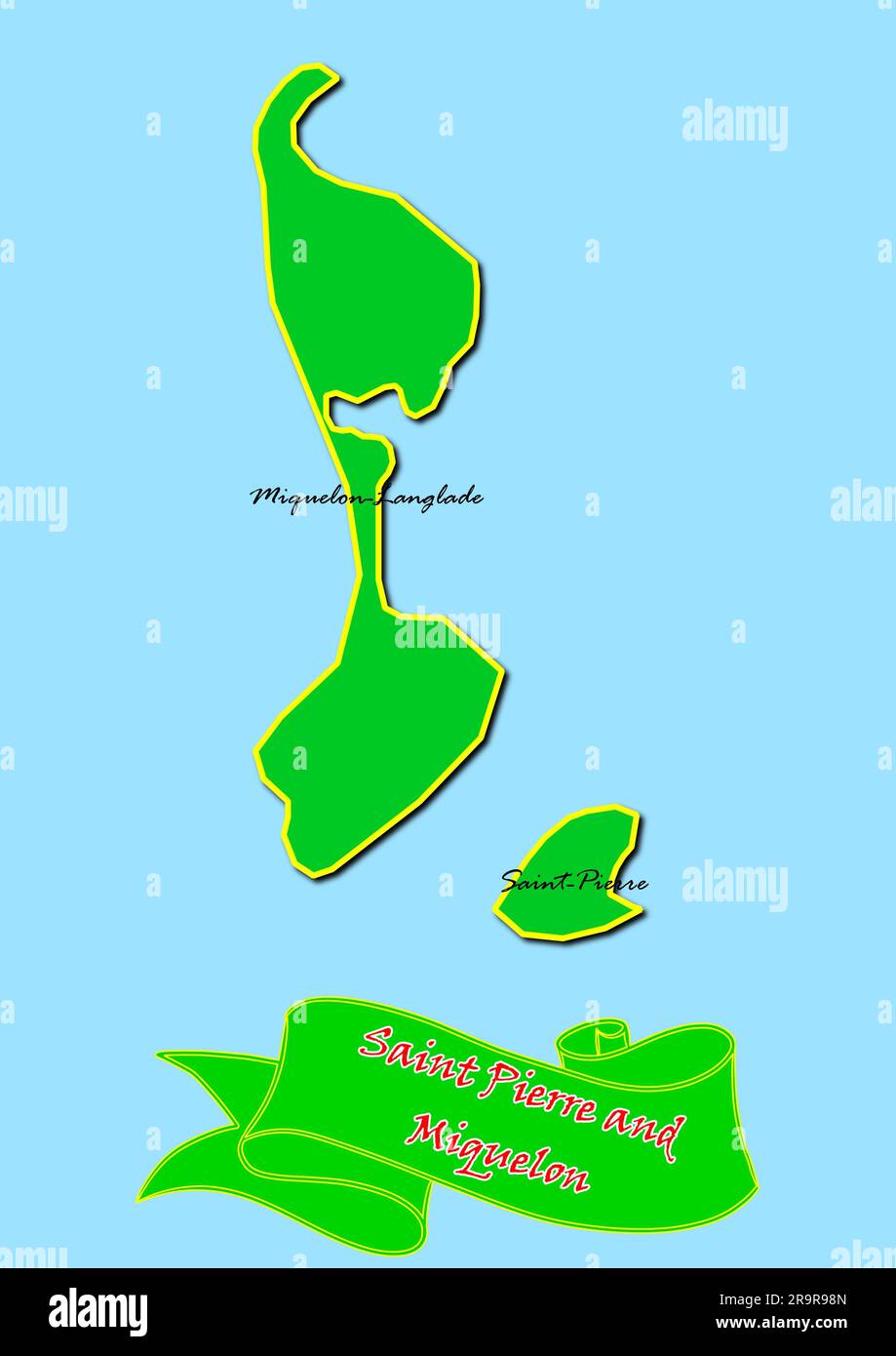 Map of Saint Pierre and Miquelon with Subregions in Green Country Name in Red Stock Photo