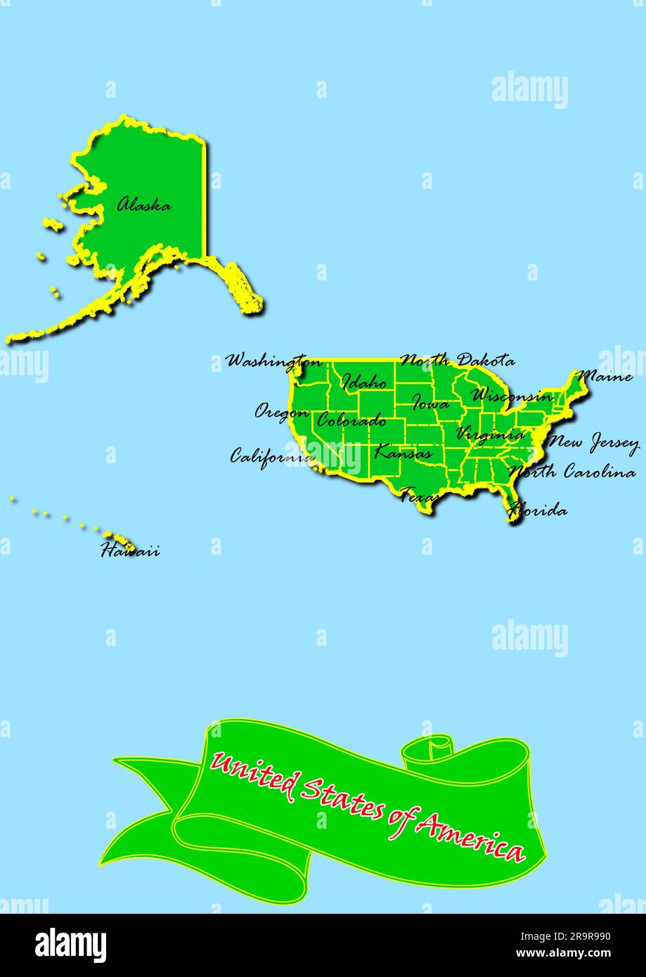 Map of United States of America with Subregions in Green Country Name ...