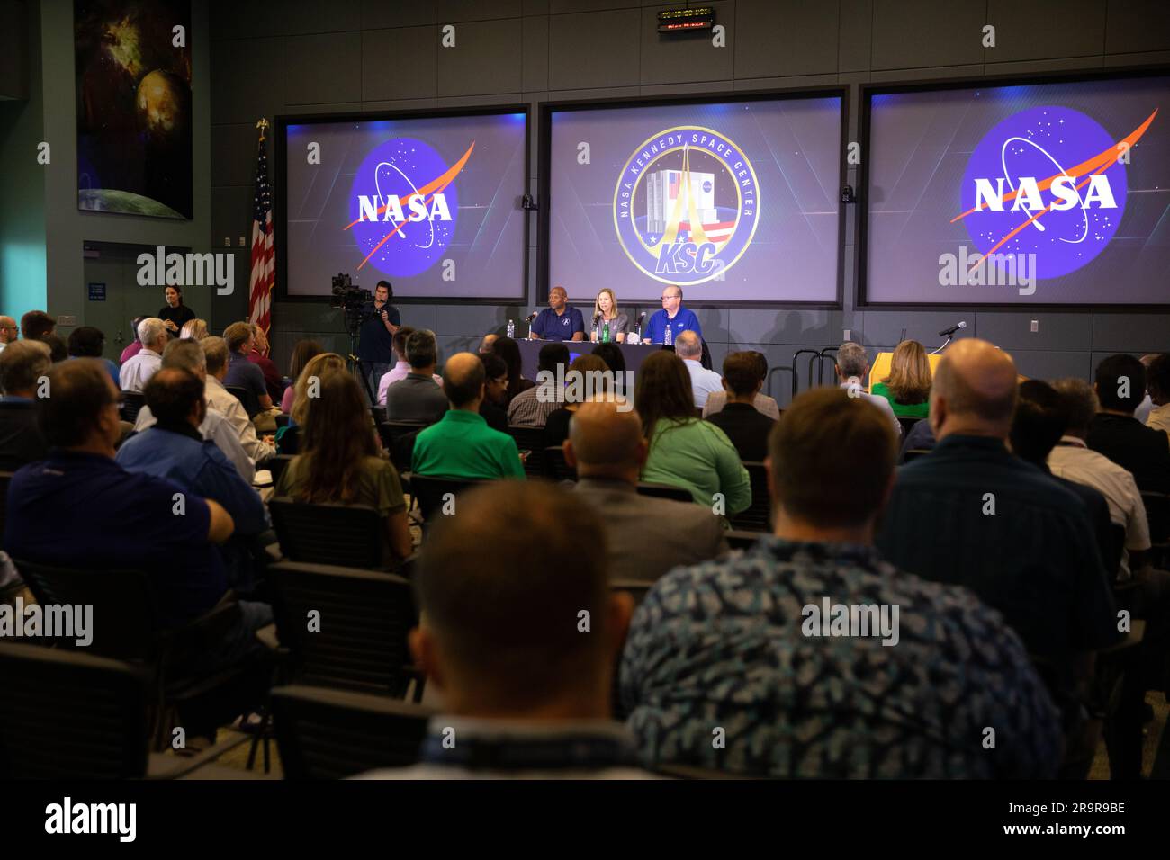 KSC Town Hall. From left, NASA’s Kennedy Space Center Deputy Director Kelvin Manning, Director Janet Petro, and Associate Director, Management Burt Summerfield participate in an employee Town Hall event at the Florida spaceport on March 13, 2023. The senior leaders discussed key accomplishments and goals of the center, as well as answered questions from the Kennedy workforce. Stock Photo