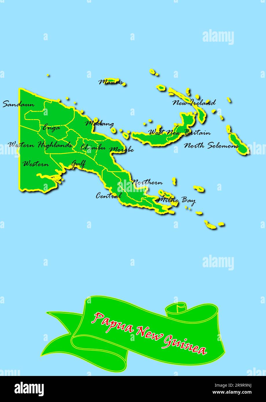 Map of Papua New Guinea with Subregions in Green Country Name in Red Stock Photo