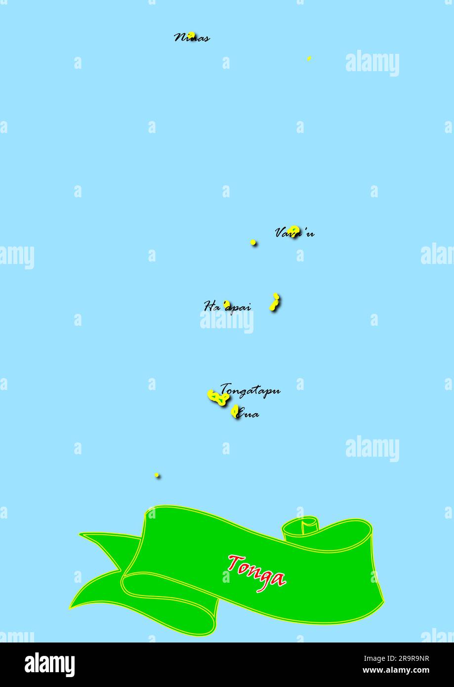 Map of Tonga with Subregions in Green Country Name in Red Stock Photo