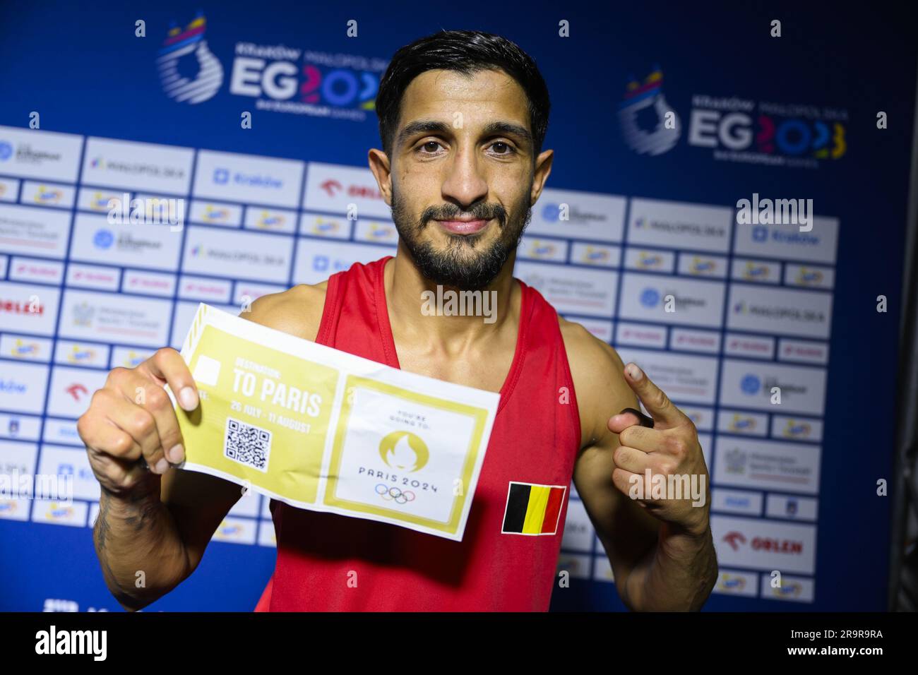 Krakow, Poland. 28th June, 2023. Boxer Athlete Vasile Usturoi shows his