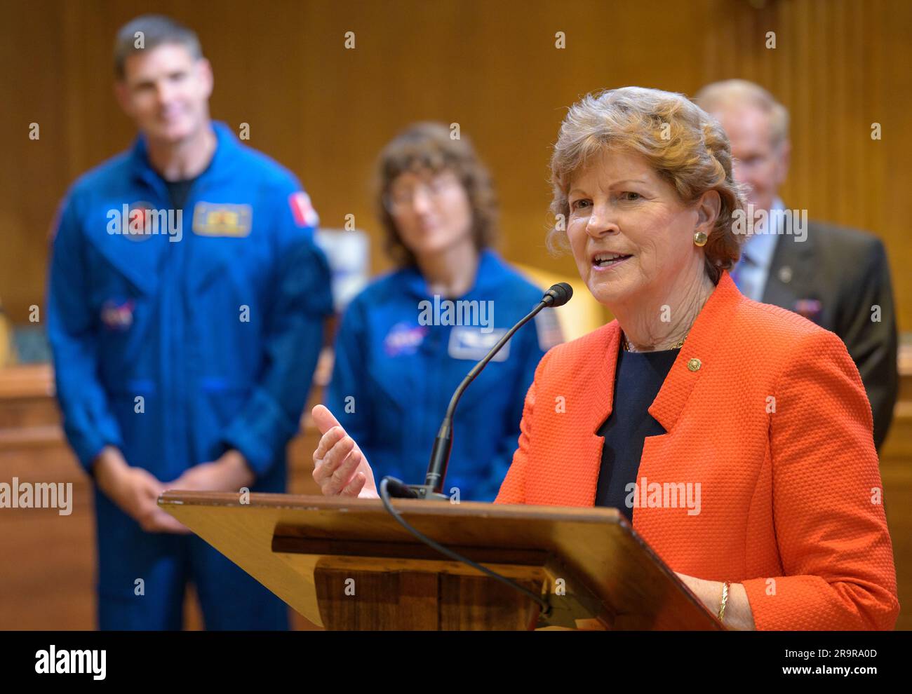 Artemis II Crew Senate Meet and Greet. Sen. Jeanne Shaheen, D-N.H., gives remarks as CSA (Canadian Space Agency) astronaut Jeremy Hansen, left, NASA Astronaut Christina Hammock Koch, look on during a meet and greet, Wednesday, May 17, 2023, at the Dirksen Senate Office Building in Washington. Hansen, Hammock Koch, along with NASA Astronauts Reid Wiseman and Victor Glover, who will fly around the Moon on NASA’s Artemis II flight test, visited Washington to discuss their upcoming mission with members of Congress and others. Stock Photo