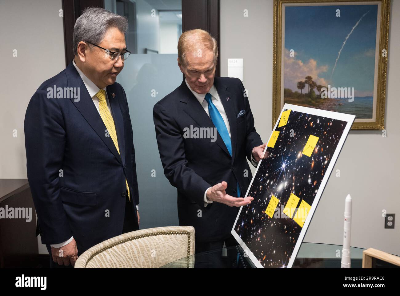 NASA Leadership Meets with Republic of Korea’s Minister of Foreign Affairs. NASA Administrator Bill Nelson shows Republic of Korea Minister of Foreign Affairs, Jin Park, an image from the James Webb Space Telescope, Thursday, Feb. 2, 2023 at the Mary W. Jackson NASA Headquarters building in Washington DC. Stock Photo