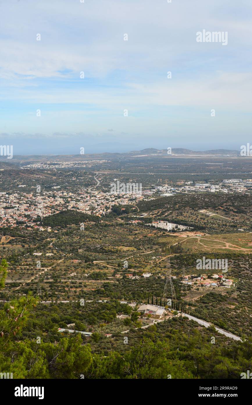 Athens cloudy cityscape panorama from mount Hymettus. Greece. Stock Photo