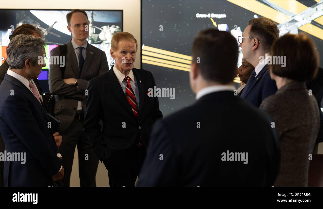 Czech Republic Artemis Accords Signing. NASA Administrator Bill Nelson, center, speaks with Miloslav Stašek, Ambassador of the Czech Republic to the United States, Foreign Affairs Minister for the Czech Republic, Jan Lipavský, and Acting Assistant Secretary of State for Oceans and International Environmental and Scientific Affairs Jennifer R. Littlejohn, in the Space Operations Center following the signing of the Artemis Accords, Wednesday, May 3, 2023, at The Mary W. Jackson NASA Headquarters building in Washington DC. The Czech Republic is the twenty fourth country to sign the Artemis Accord Stock Photo