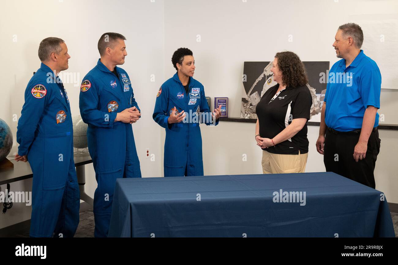 NASA’s SpaceX Crew-4 at NASM. NASA astronauts Robert Hines, left, Kjell Lindgren, second from left, and Jessica Watkins, center, speak with Beth Wilson, second from right and Marty Kelsey, right, while taping a segment for STEM in 30, Tuesday, March 28, 2023 at the Smithsonian’s National Air and Space Museum in Washington. Lindgren, Hines, and Watkins spent 170 days in space as part of Expeditions 67 and 68 aboard the International Space Station. Stock Photo