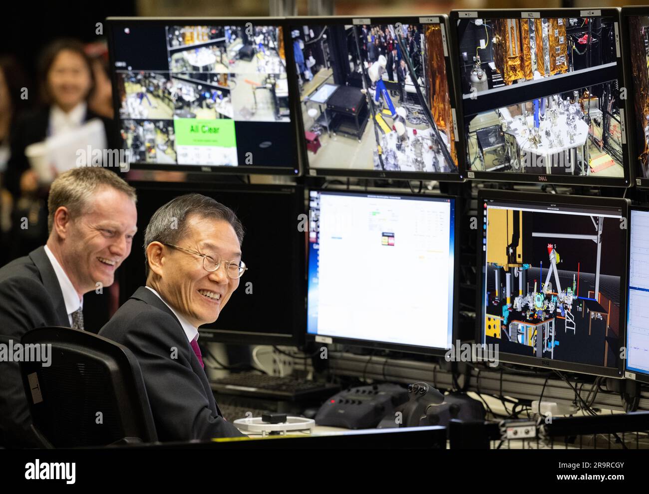 Vice President Harris and President Yoon at GSFC. Joe Easley, robotics demonstration and test engineer at NASA’s Goddard Space Flight Center, left, is seen with MSIT Minister Jong-Ho Lee as he uses a controller to manipulate one of the robotic arms at the Robot Operations Center (ROC), Tuesday, April 25, 2023, during a tour of NASA’s Goddard Space Flight Center in Greenbelt, Md. Stock Photo