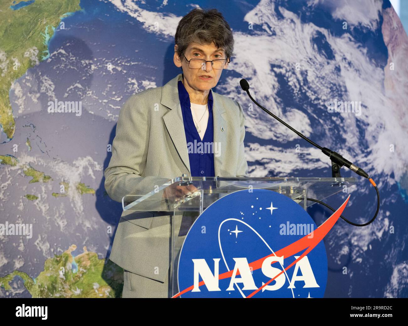NASA’s Earth Information Center Ribbon Cutting. Janet McCabe, Deputy Administrator of the Environmental Protection Agency (EPA), speaks before the ribbon cutting ceremony to open NASA’s Earth Information Center, Wednesday, June 21, 2023, at the Mary W. Jackson NASA Headquarters building in Washington. The Earth Information Center is new immersive experience that combines live data sets with cutting-edge data visualization and storytelling to allow visitors to see how our planet is changing. Stock Photo