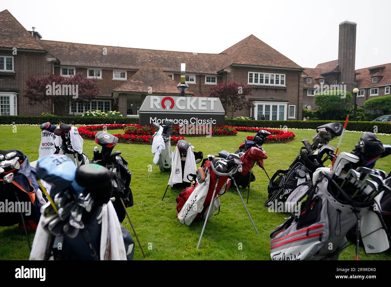 The Detroit Country Club clubhouse is seen during a practice round of
