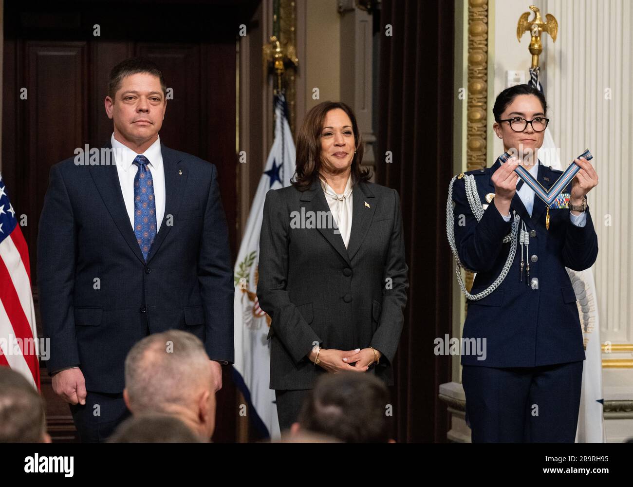 Congressional Space Medal of Honor Ceremony. Former NASA astronaut Robert Behnken is awarded the Congressional Space Medal of Honor by Vice President Kamala Harris during a ceremony in the Indian Treaty Room of the Eisenhower Executive Office Building, Tuesday, Jan. 31, 2023, in Washington. Former astronauts Behnken and Douglas Hurley were awarded the Congressional Space Medal of Honor for their bravery in NASA’s SpaceX Demonstration Mission-2 to the International Space Station in 2020, the first crewed flight as part of the agency’s Commercial Crew Program. Stock Photo