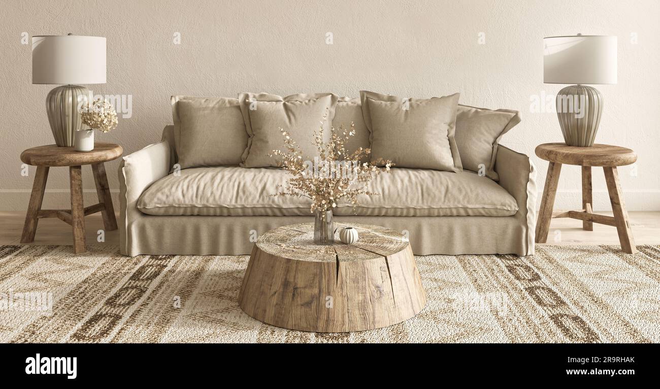 Living room interior scandinavian boho style. Horizontal panoramic ...