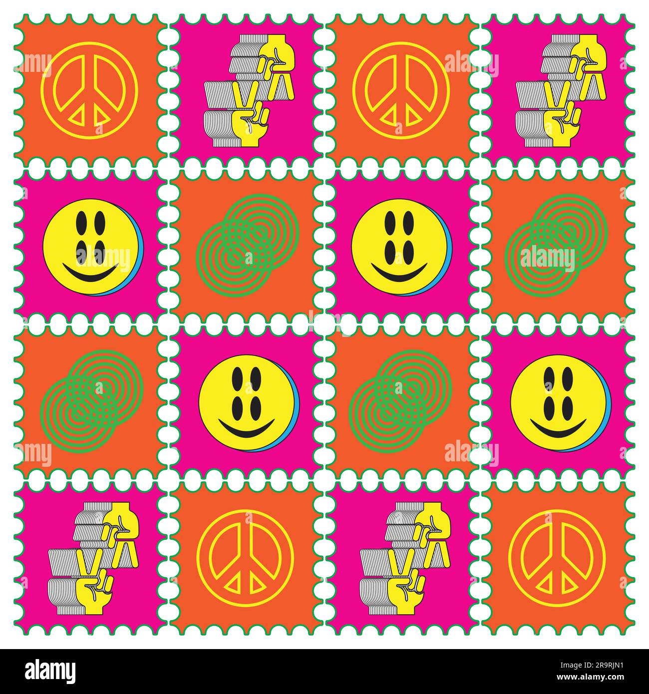 Acid lsd paper blotter mark trippy 60s style psychedelic geometry seamless pattern art.Vector crazy illustration.Smiley groovy faces,magic mushrooms Stock Vector