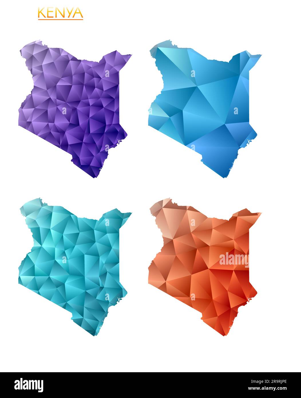 Set of vector polygonal maps of Kenya. Bright gradient map of country