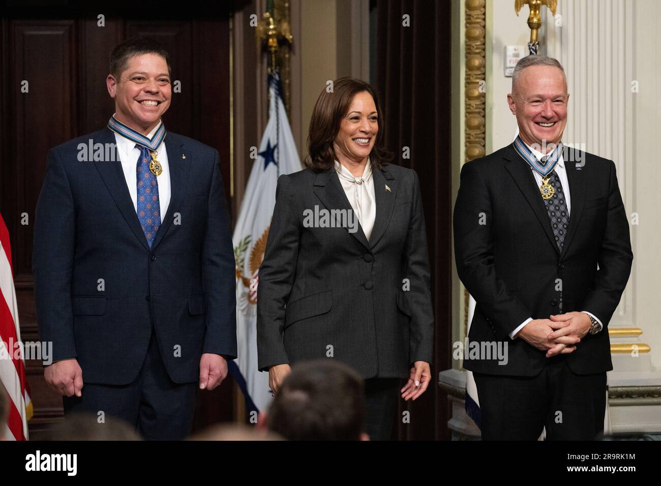 Congressional Space Medal of Honor Ceremony. Former NASA astronauts Robert Behnken, left, and Douglas Hurley, right, are seen after being awarded the Congressional Space Medal of Honor by Vice President Kamala Harris during a ceremony in the Indian Treaty Room of the Eisenhower Executive Office Building, Tuesday, Jan. 31, 2023 in Washington. Former astronauts Behnken and Hurley were awarded the Congressional Space Medal of Honor for their bravery in NASA’s SpaceX Demonstration Mission-2 to the International Space Station in 2020, the first crewed flight as part of the agency’s Commercial Crew Stock Photo