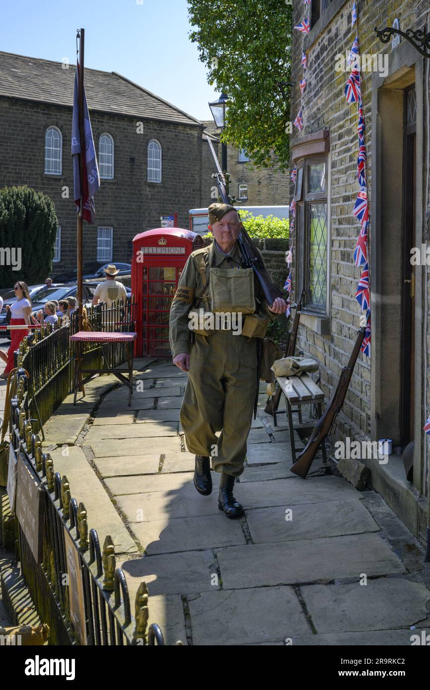 Haworth 1940's living history event (man patrolling & guarding, khaki