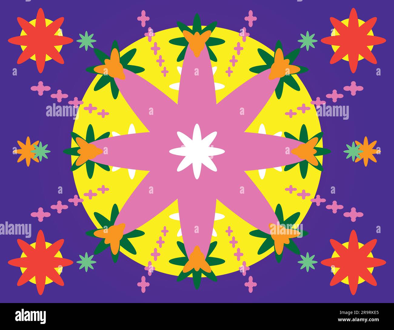 hippie graphic elements decorative flower blotter geometric floral ornament trippy psychedelic 80s purple pink yellow red, corona pop icon symbol Stock Vector