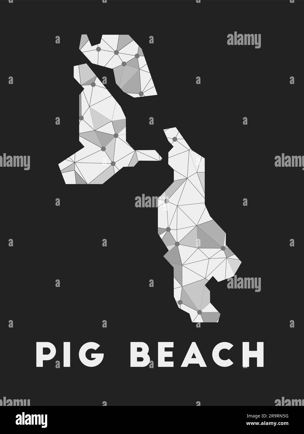 Pig Beach - communication network map of island. Pig Beach trendy geometric design on dark background. Technology, internet, network, telecommunicatio Stock Vector